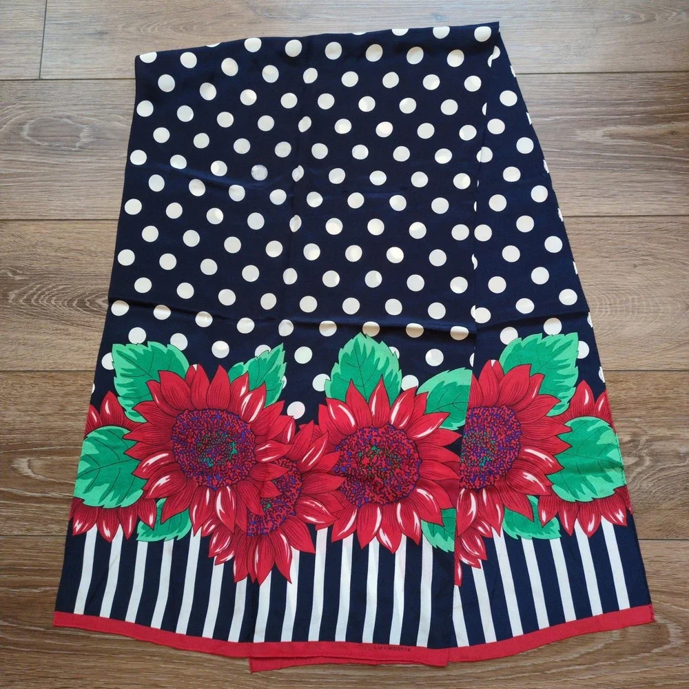 Vtg Liz Claiborne Graphic Floral Silk Scarf -‎ Stripes Polka Dot Red White Black